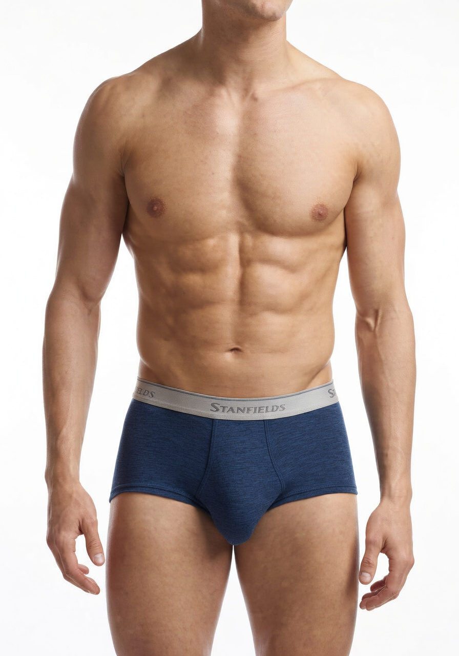 Man wearing blue underwear with 'Stanfields' brand label on a white background