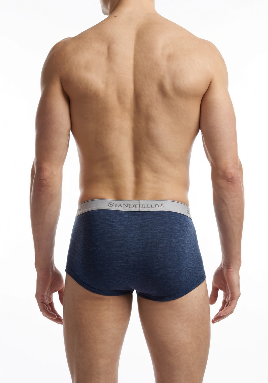 Man wearing navy blue underwear with a visible brand label on a white background