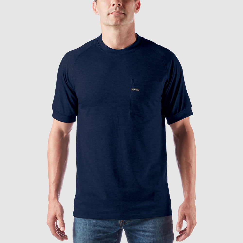 Man wearing a navy blue t-shirt on a light gray background