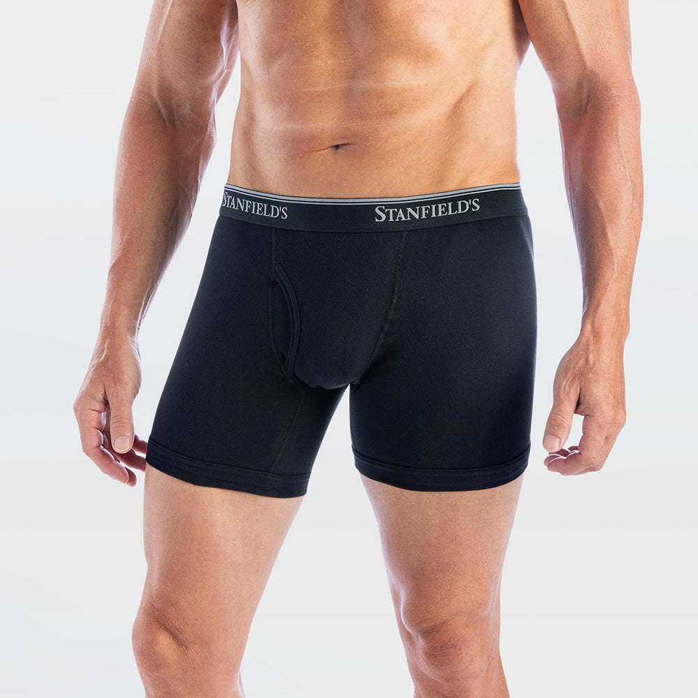 Black boxer briefs with 'Stanfield's' branding on a white background