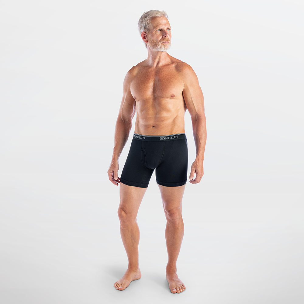 Man wearing black boxer briefs with a visible brand logo on a white background