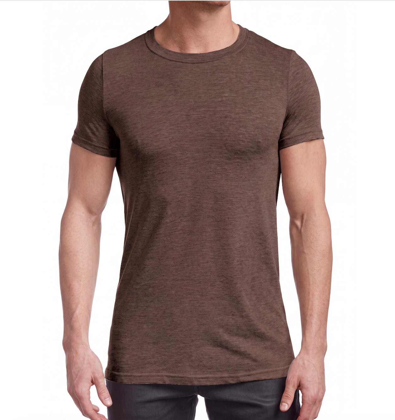 A man wearing a short-sleeve crewneck t-shirt in a heathered brown color, shown from the neck down against a plain white background.