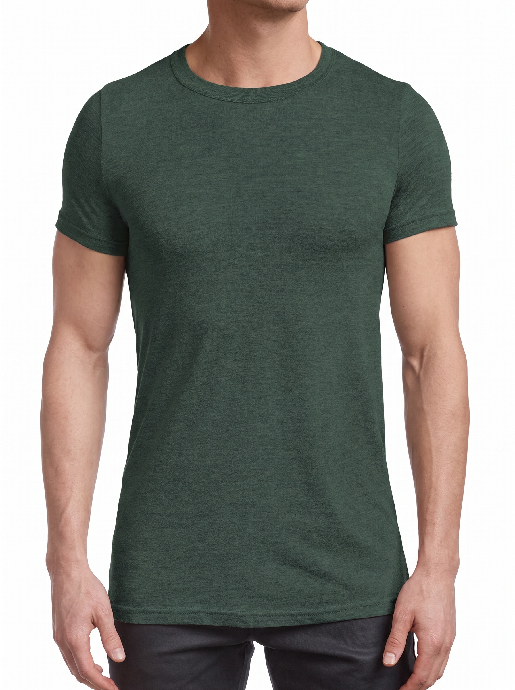 A man wearing a dark green short-sleeve crewneck t-shirt, shown from the neck down against a plain white background.