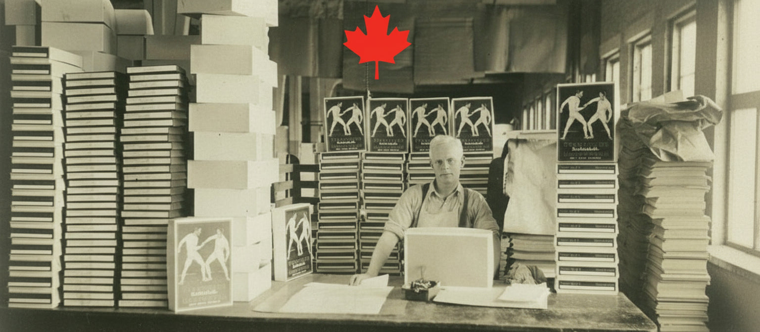 Person sitting at a desk with stacks of books and a red maple leaf flag in the background