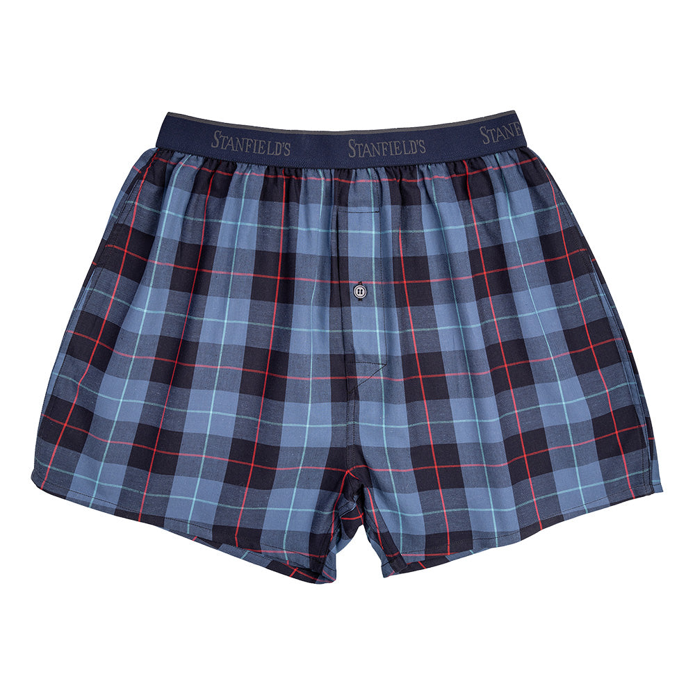 Plaid patterned boxer shorts with 'Stanfields' branding on a white background