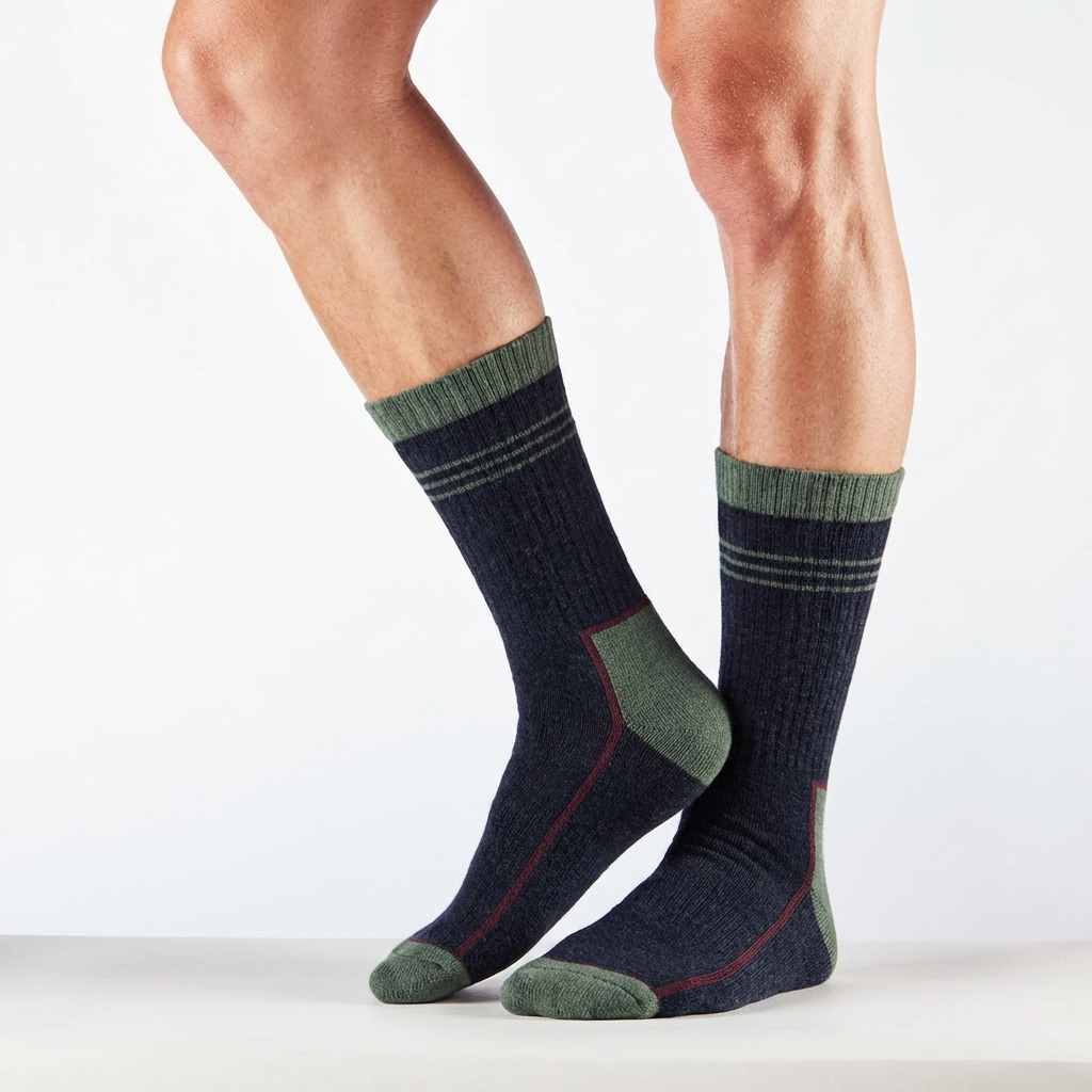 Navy and green socks worn by a person on a white background