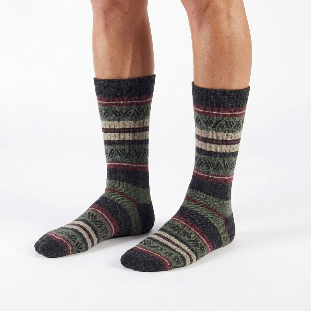 Patterned socks worn by a person on a white background