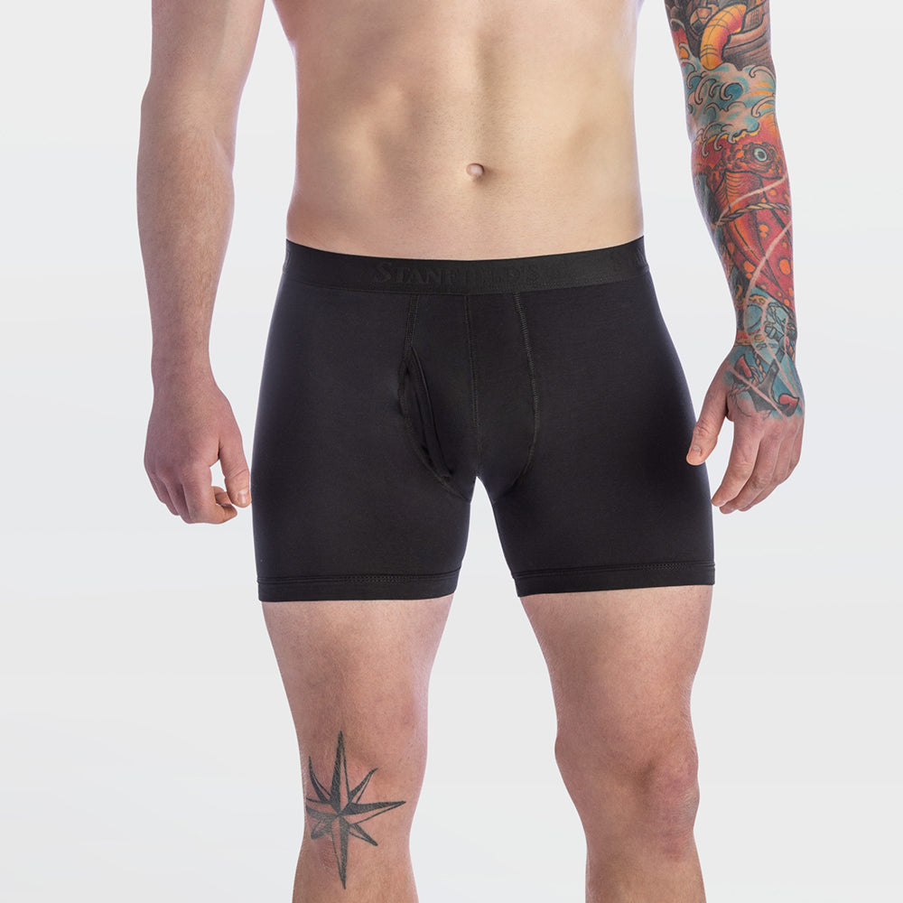 Person wearing black boxer briefs on a plain background