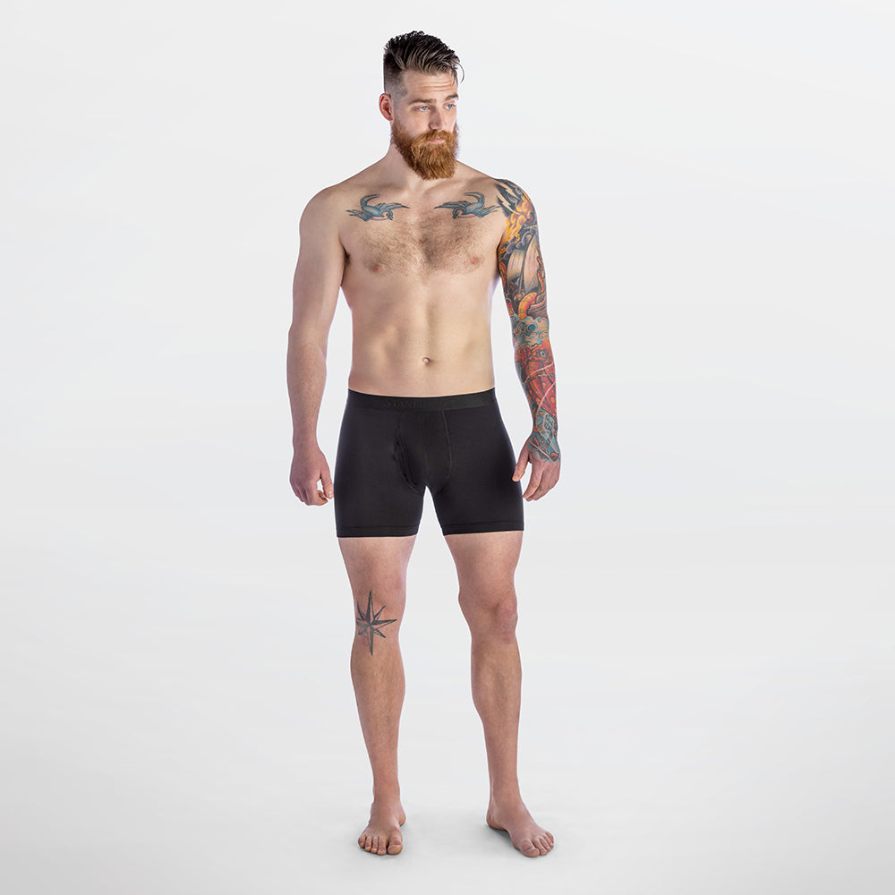 Man wearing black boxer briefs on a white background